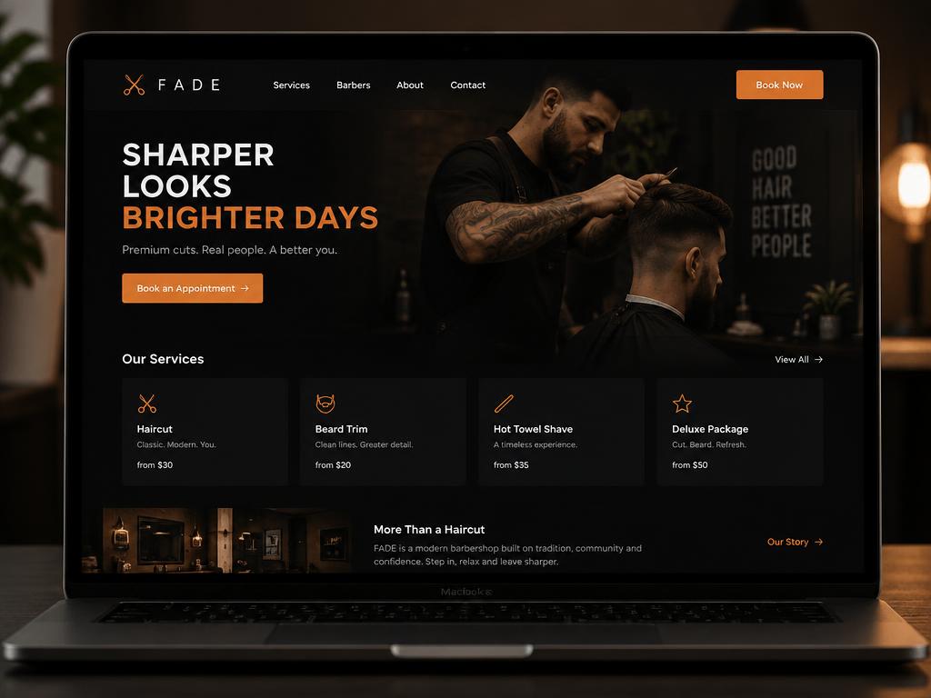 Demo barbershop website homepage shown on a laptop, with booking button and services list